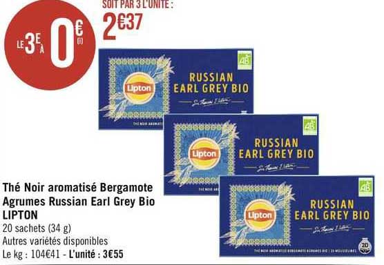 thé noir aromatisé bergamote agrumes russian earl grey bio lipton
