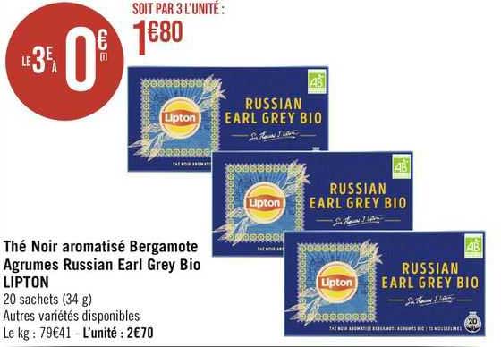 thé noir aromatisé bergamote agrumes russian earl grey bio lipton