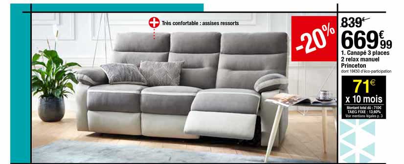 canapé 3 places 2 relax manuel princeton