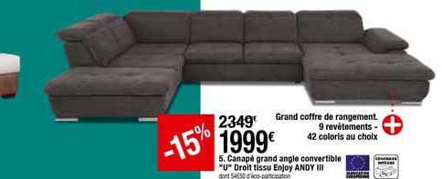 Canapé Grand Angle Convertible "u" Droit Tissu Enjoy Andy Iii