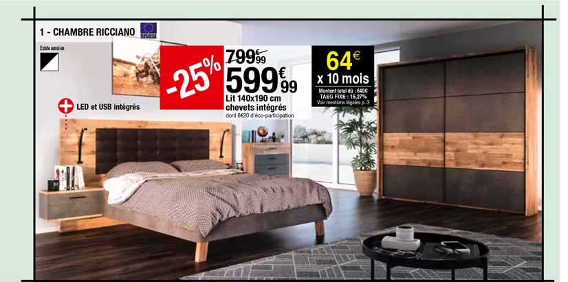 Chambre Ricciano : Lit 140 X 190 Cm Chevets Intégrés