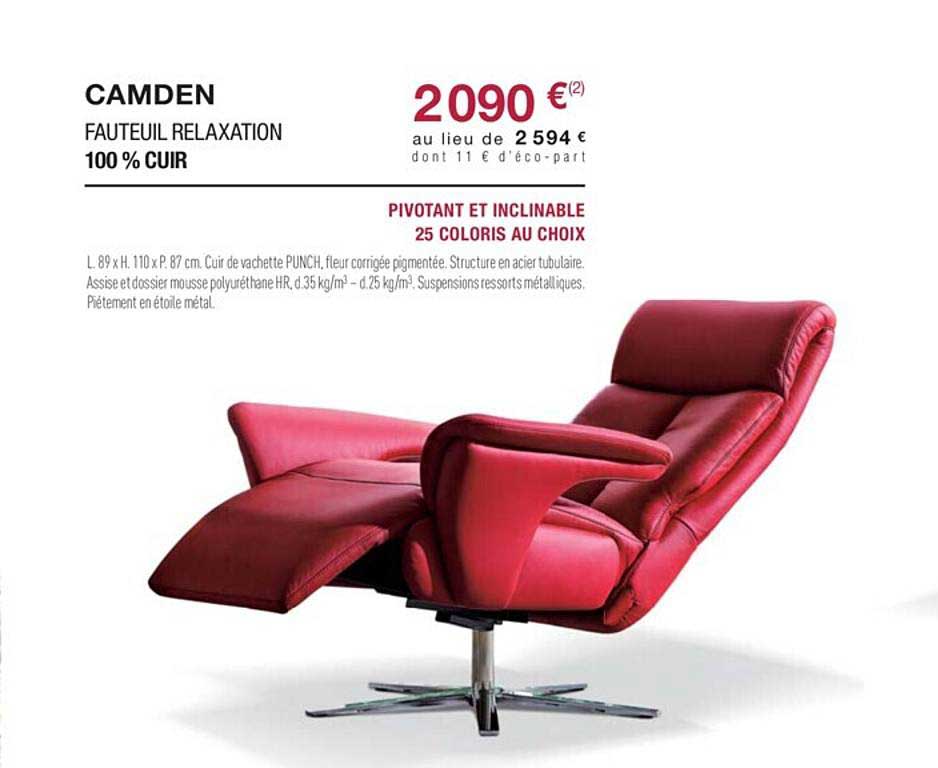 Fauteuil Relaxation 100% Cuir Camden