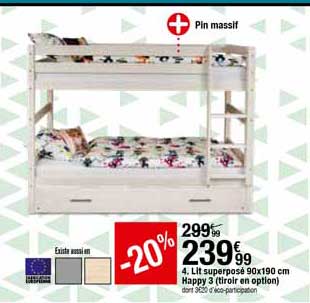 lit superposé 90 x 190 cm happy 3 (tiroir en option)