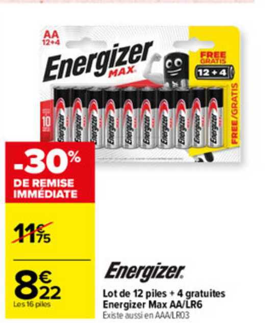 lot de 12 piles + 4 gratuites energizer max aa-lr6