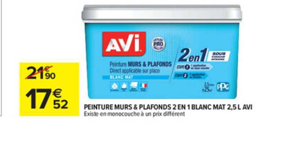peinture murs & plafonds 2 en 1 blanc mat 2,5l avi