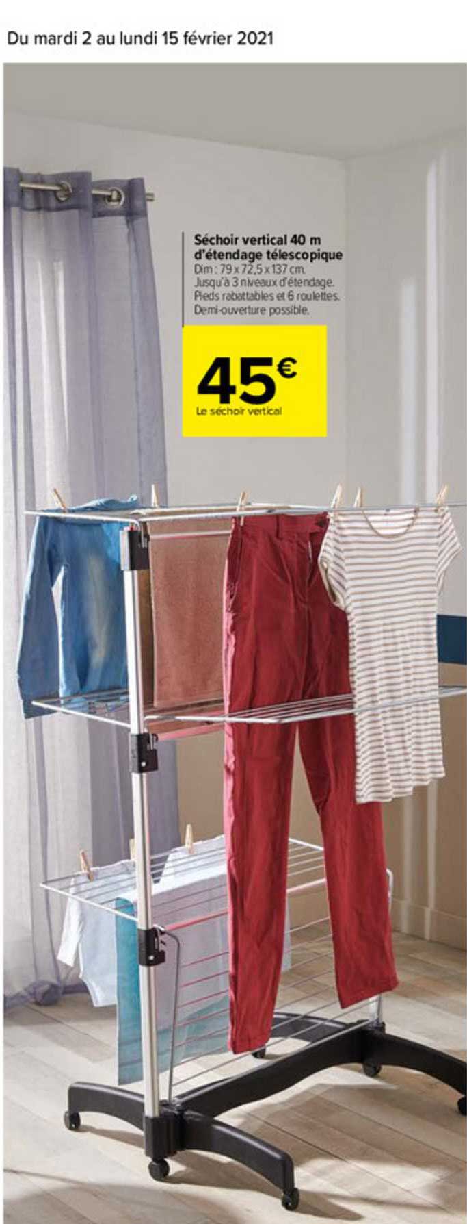 séchoir vertical 40 m d'étendage télescopique