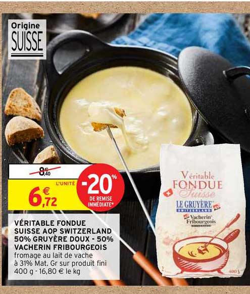 véritable fondue suisse aop switzerland 50% gruyère doux -50% vacherin fribourgeois