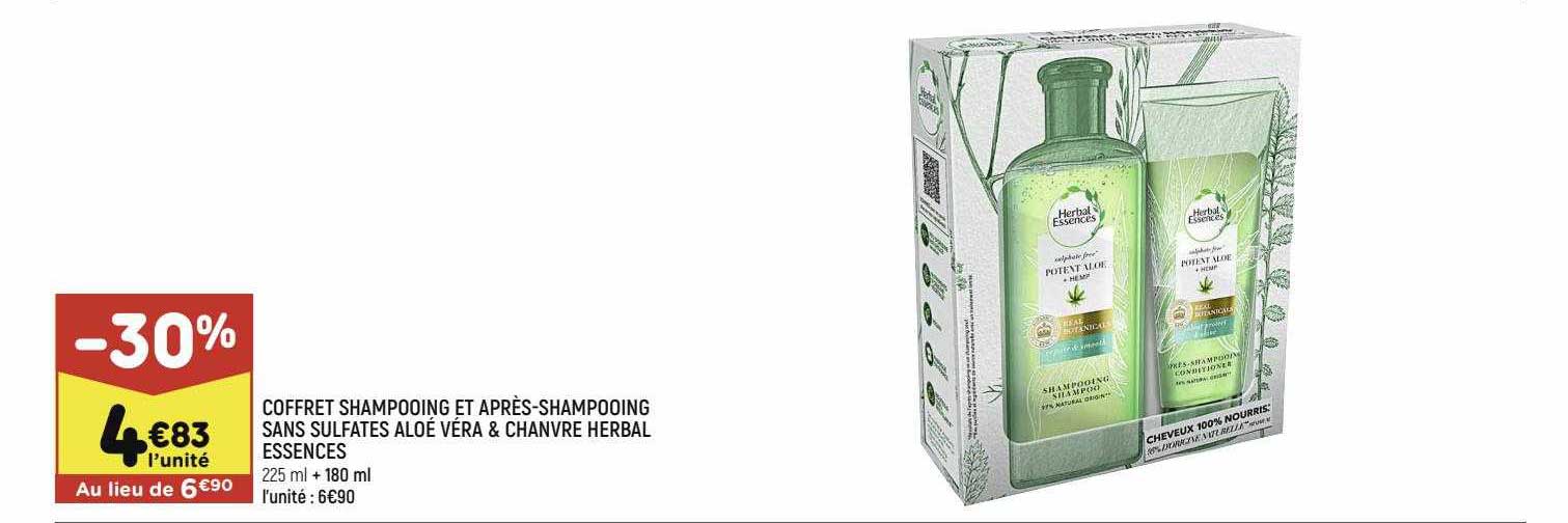 coffret shampooing et après-shampooing sans sulfates aloé véra & chanvre herbal essences