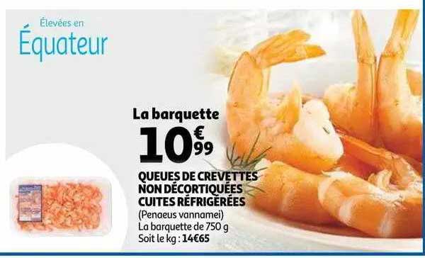 queues de crevettes non décortiquées cuites réfrigérées