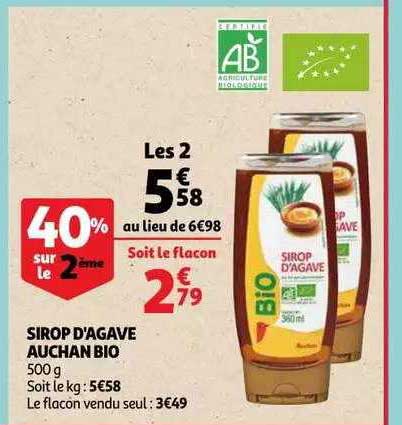 sirop d'agave auchan bio 40% sur le 2ème