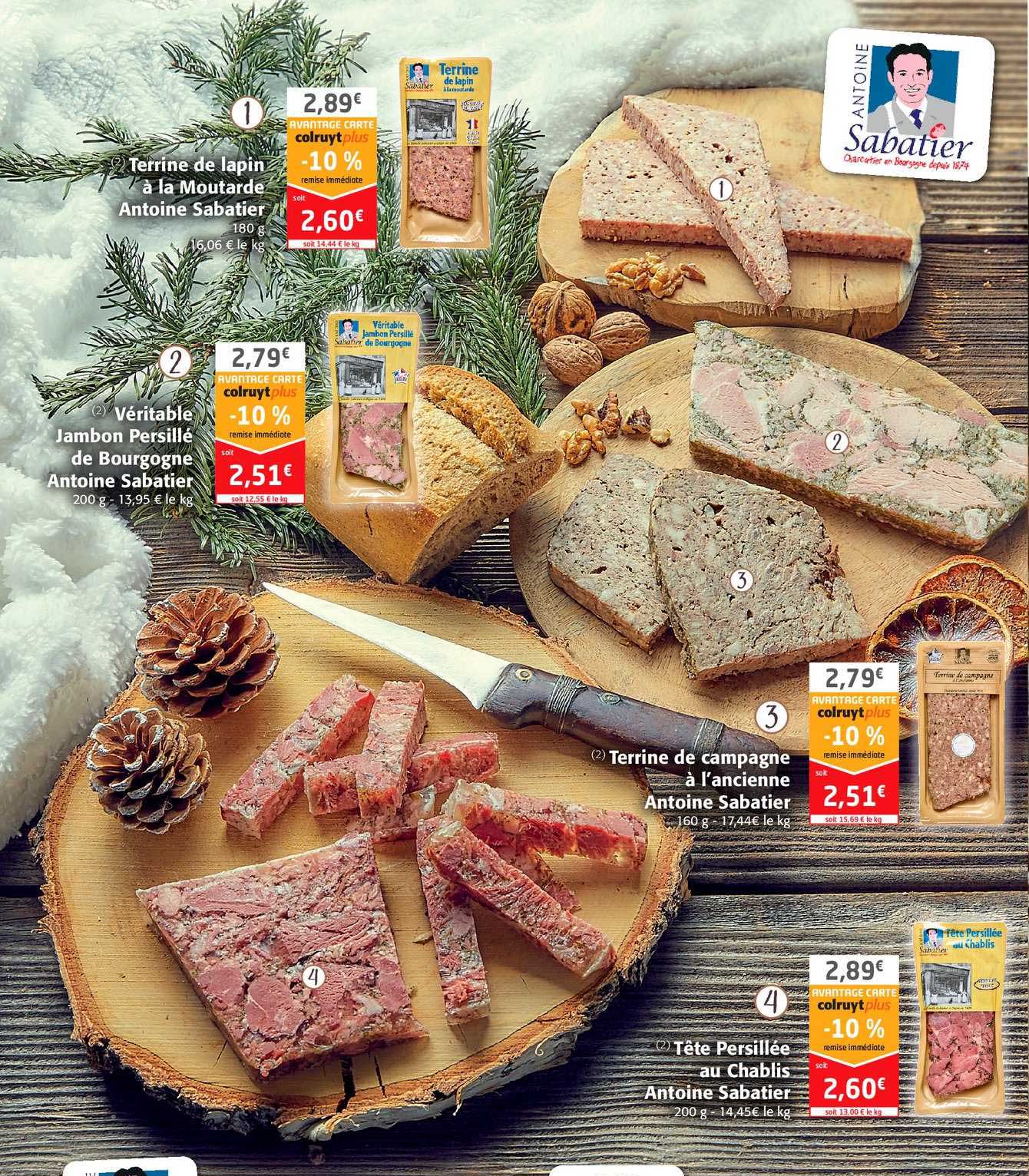 terreine de lapin à la moutarde antoine sabatier, véritable jambon persillé de bourgogne antoine sabatier, terreine de campagne à l'ancienne antoine sabatier, tête persillée au chablis antoine sabatie