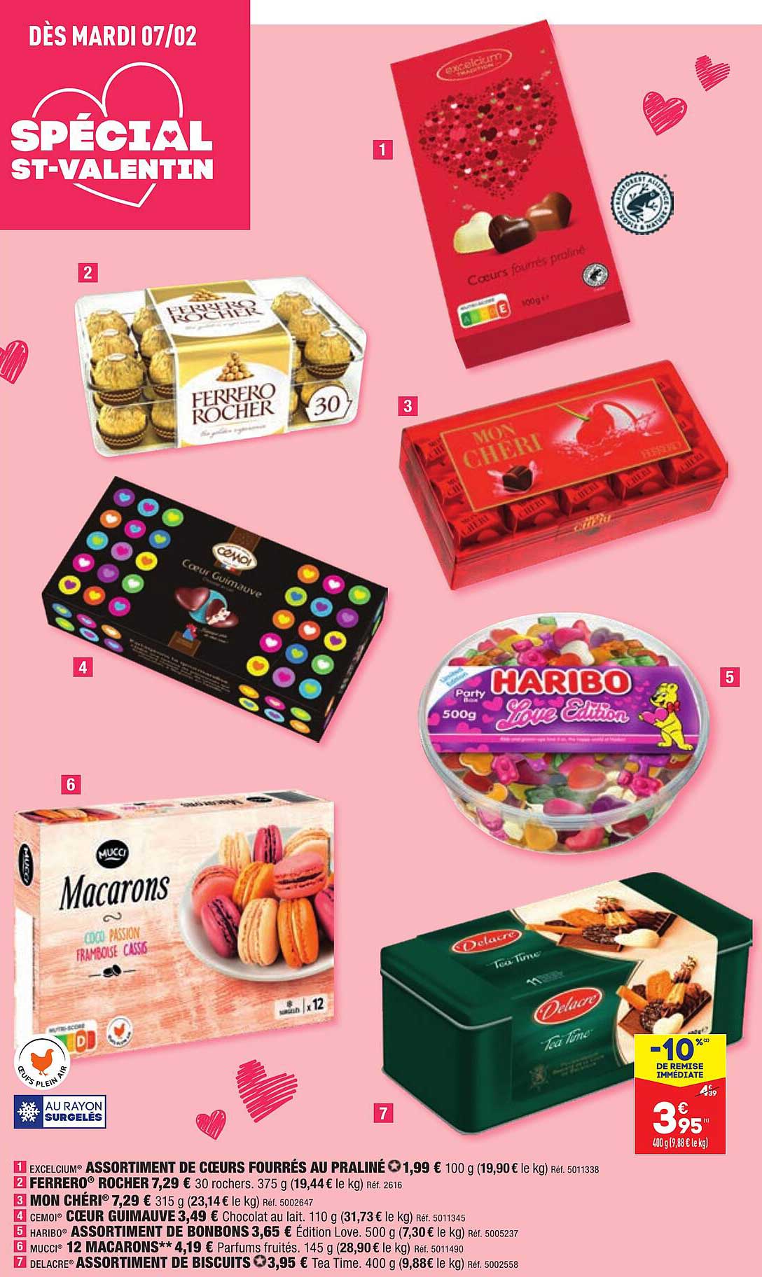 assortiment de cœurs fourrés au praliné, ferrero rocher, mon chéri, cœur guimauve, assortiment de bonbons, 12 macarons, assortiment de biscuits