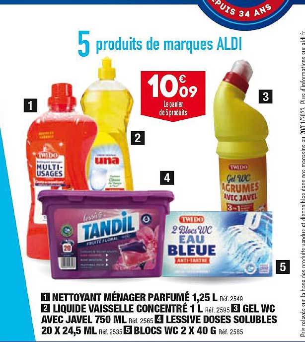 nettoyant ménager parfumé 1,25l, liquide vaisselle concentré 1l, gel wc avec javel 750ml, lessives doses solubles 20 x 24,5ml, blocs wc 2 x 40 g
