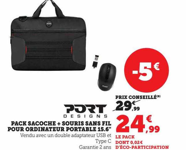 pack sacoche + souris sans fil pour ordinateur portable 15.6" port designs