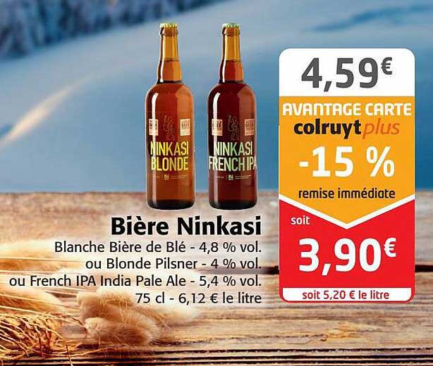 bière ninkasi blanche bière de blé - 4,8% vol. ou blonde pilsner - 4% vol. ou french ipa india pale ale - 5,4% VOL.