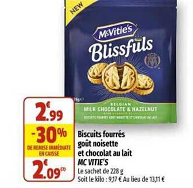 biscuits fourrés goût noisette et chocolat au lait mc vitie's