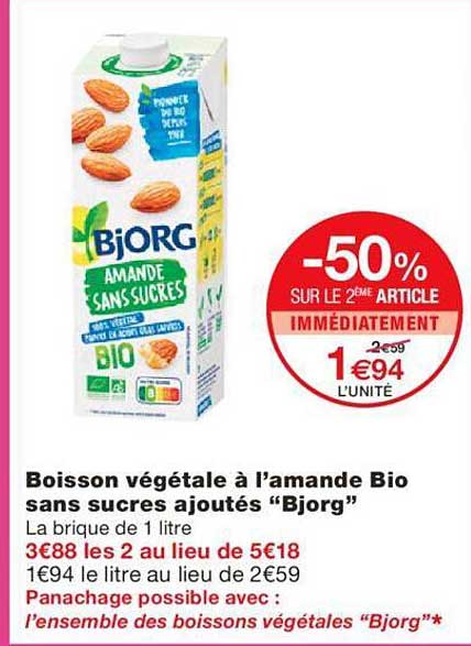 boisson végétale à l'amande bio sans sucres ajoutés "bjorg"