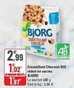 croustillant chocolat bio réduit en sucres bjorg