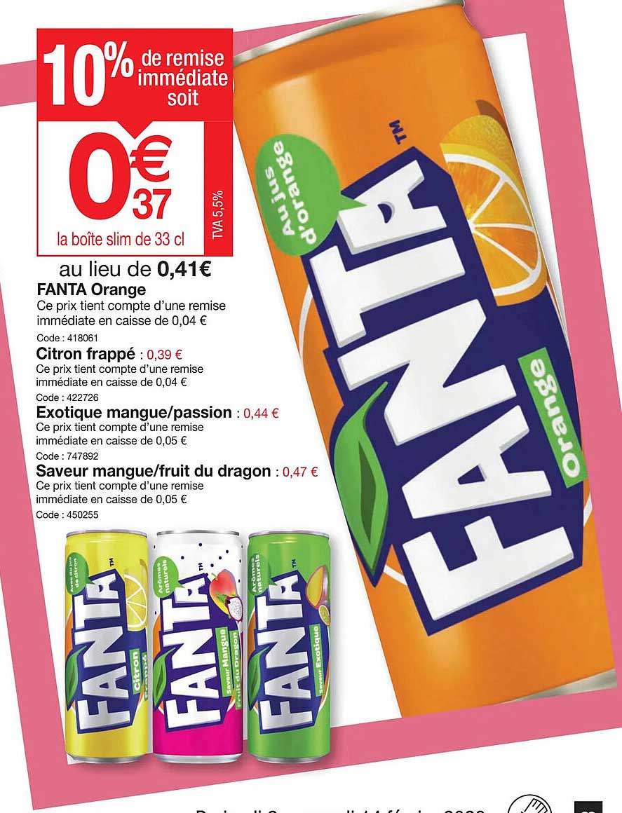 fanta orange, citron frappé, exotique mangue-passion, saveur mangue-fruit du dragon