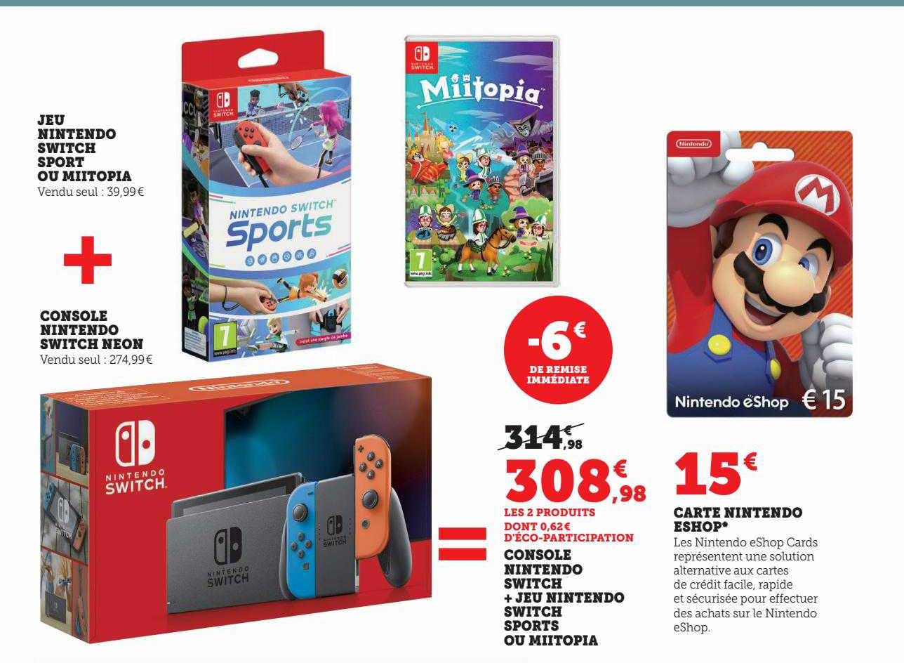 Jeu Nintendo Switch Sport Ou Mitopia + Console Nintendo Switch Neon, Carte Nintendo Eshop