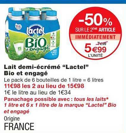 lait demi-écrémé "lactel" bio et engagé
