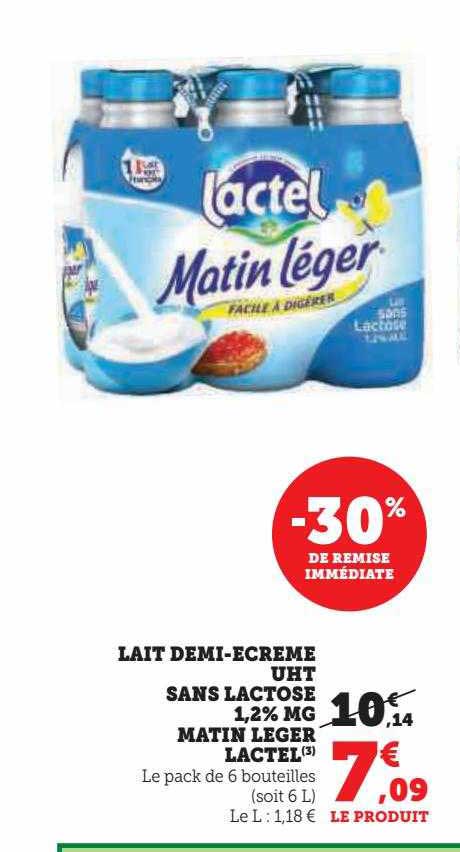 lait demi-écrémé uht sans lactose 1,2% mg matin léger lactel