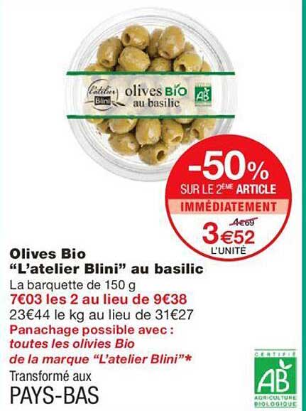 olives bio "l'atelier blini" au basilic