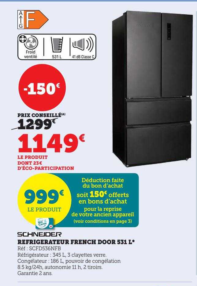 réfrigérateur french door 531 l schneider