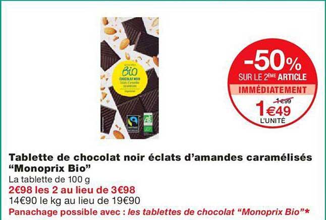 tablette de chocolat noir éclats d'amandes caramélisés "monoprix bio"