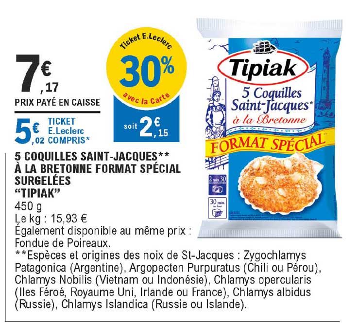 5 coquilles saint-jacques à la bretonne format spécial surgelées "tipiak"