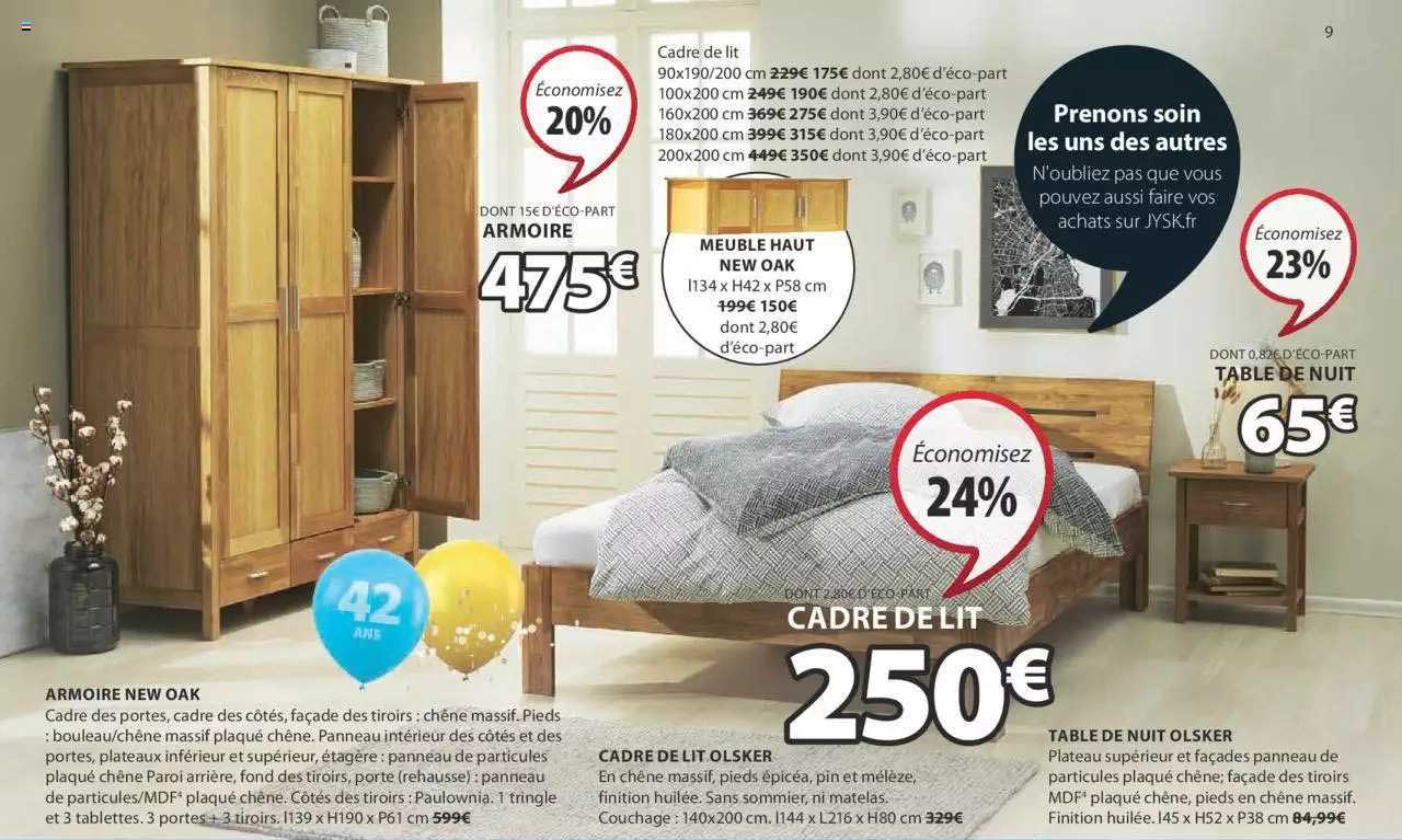 armoire new oak, cadre de lit olsker, table de nuit olsker , table de nuit