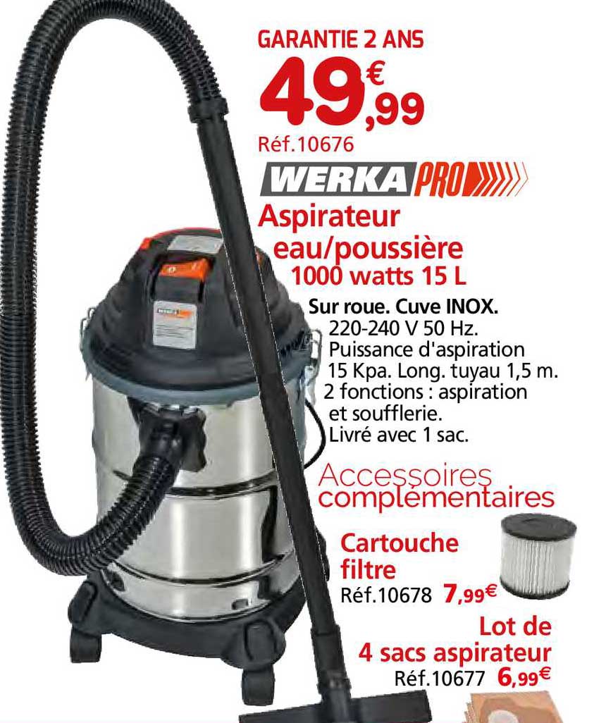 aspirateur eau - poussière 100 watts 15 l, cartouche filtre werka pro