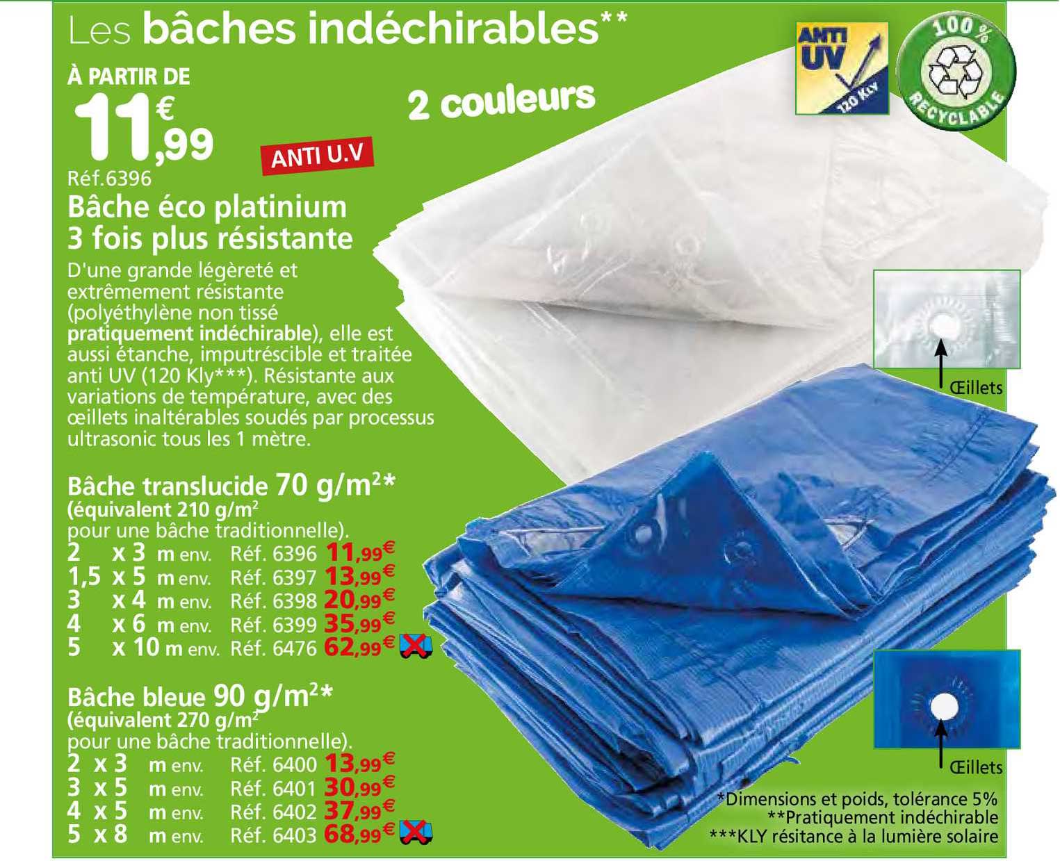 bâche éco platinium 3 fois plus résistante, bâche translucide 70 g-m², bâche bleue 90 g-m²
