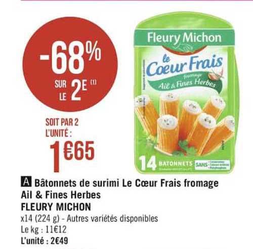 bâtonnets de surimi le cœur frais fromage ail & fines herbes fleury michon