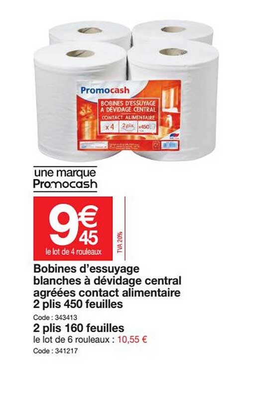 bobines d'essuyage blanches à dévidage central agréées contact alimentaire 2 plis 450 feuilles