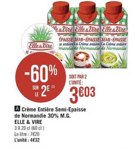 crème entière semi-épaisse de normandie 30% m.g. elle & vire