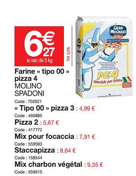 Farine «tipo 00» Pizza 4 Molino Spadoni, «tipo 00» Pizza 3 , Mix Pour Focaccia, Staccapizza, Mix Charbon Végétal