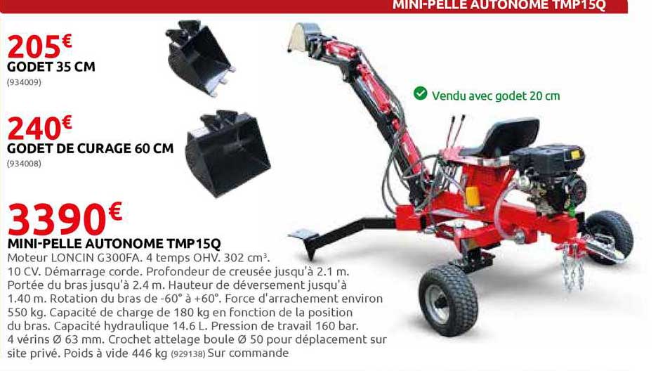 godet 35 cm , godet  de curage 60 cm, mini-pelle autonome tmp15q