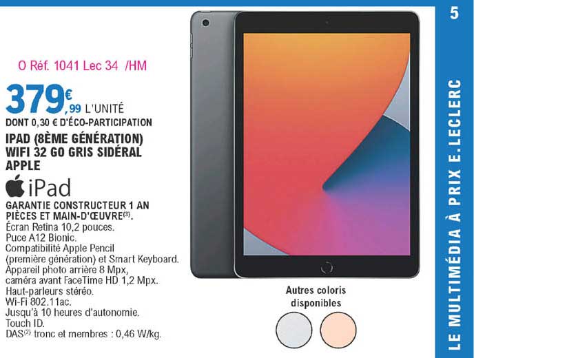 ipad (8ème génération) wifi 32 go gris sidéral apple