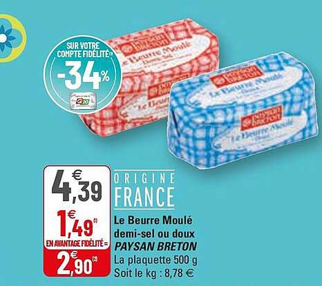 le beurre moulé demi-sel ou doux paysan breton