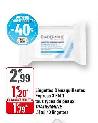 lingettes démaquillantes express 3 en 1  tous types de peaux diadermine