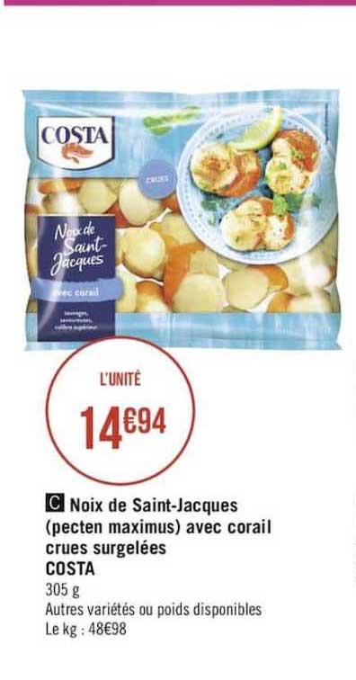 Noix De Saint-jacques (pecten Maximus) Avec Corail Crues Surgelées Costa