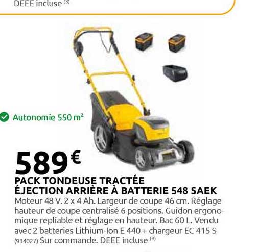 pack tondeuse tractée éjection arrière à batterie 548 seak
