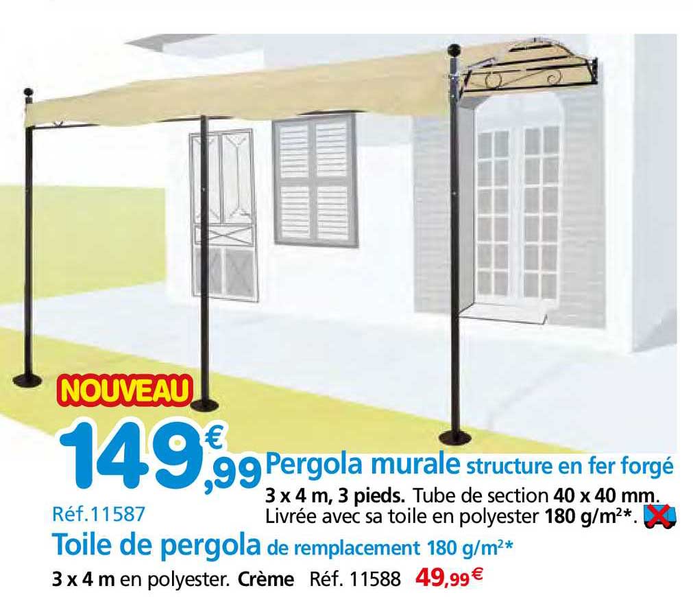 pergola murale structure en fer forgé, toile de pergola de remplacement 180 g-m²