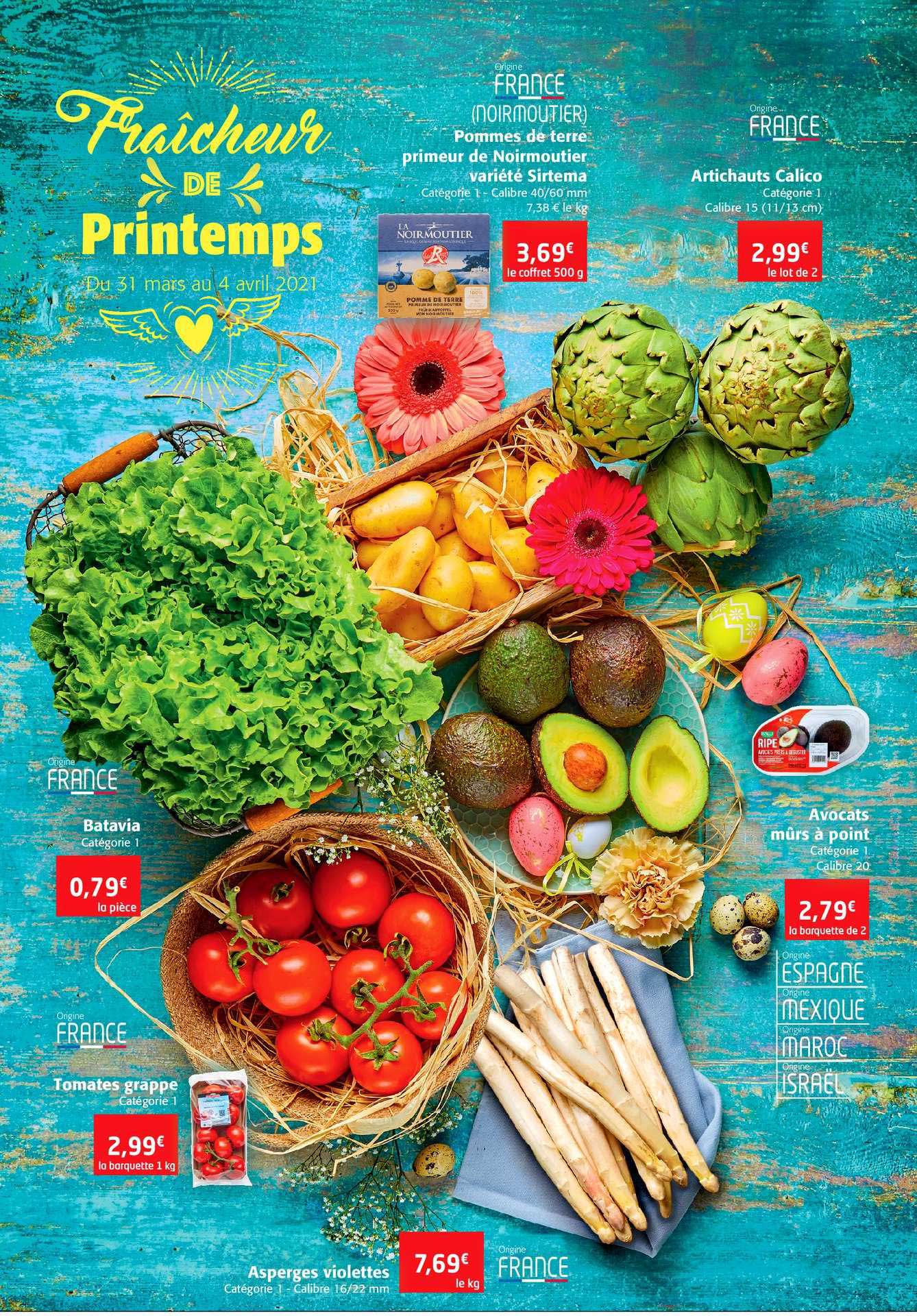 pomme de terre primeur de noirmoutier variété sirtema, artichaut calico, batavia, tomates grappe, asperges violettes, avocat murs à point