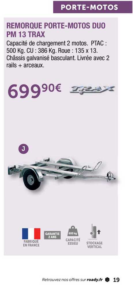 remorque porte-motos duo pm 13 trax