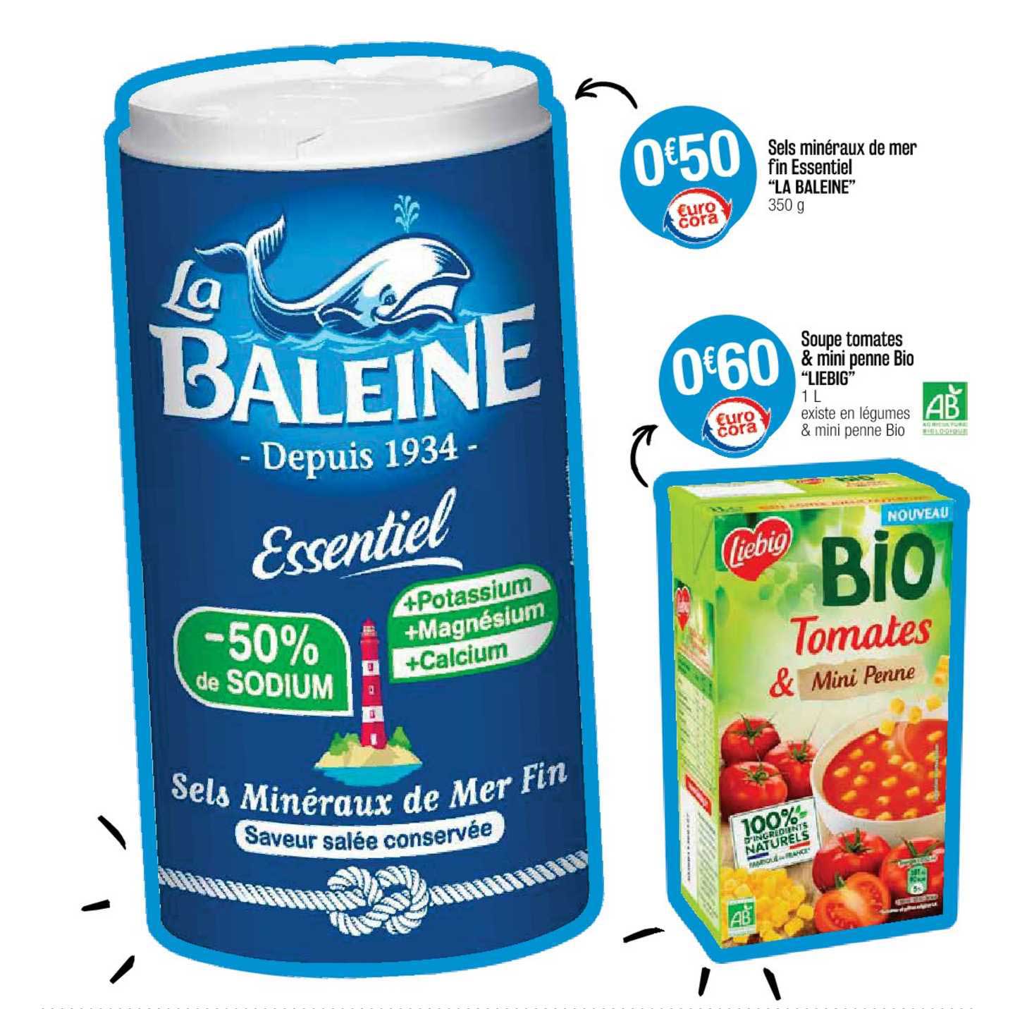 sels minéraux de mer fin essentiel "la baleine", soupe tomates & mini penne bio "liebig"