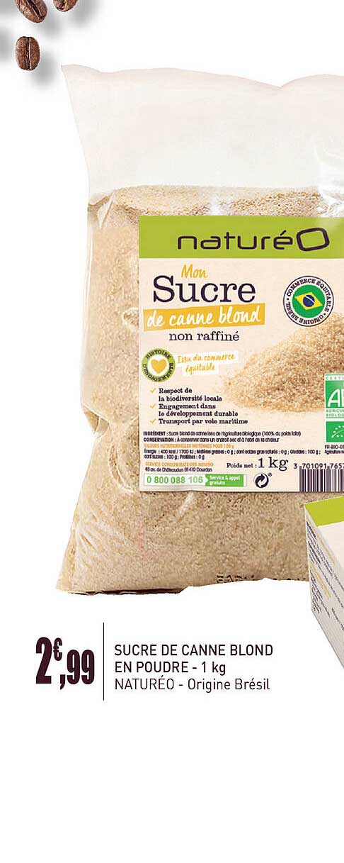 sucre de canne blond en poudre - 1kg naturéo