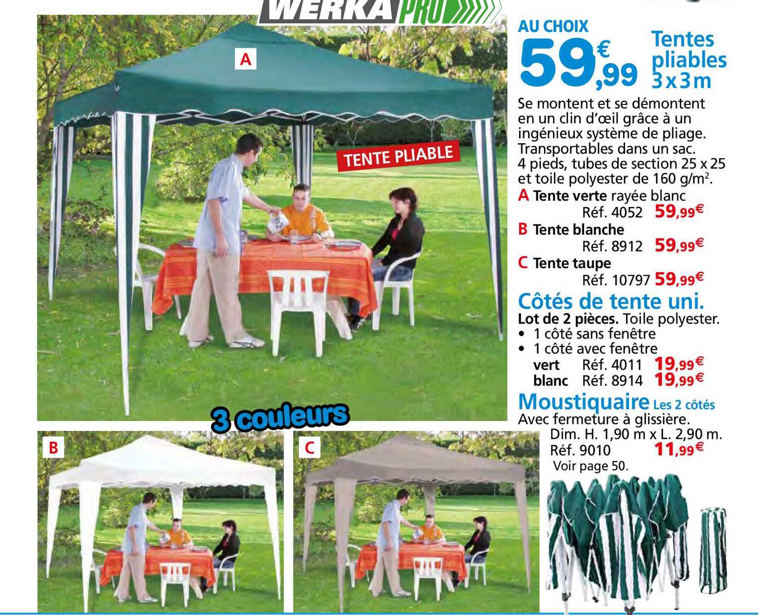 tentes pliables 3 x 3 m, côtés de tente uni, moustiquaire