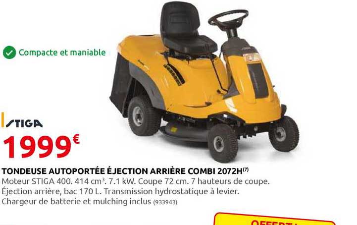 tondeuse autoportée éjection arrière combi 2072h